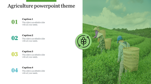 Agriculture themed slide with numbered captions on left and a photo of farmers in green fields with baskets on the right.