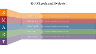 SMART goals PowerPoint template with colorful 3D blocks from specific to time bound with placeholder text.