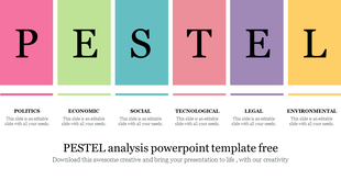 Colorful PESTEL analysis slide highlighting politics, economic, social, technological, legal, and environmental factors.