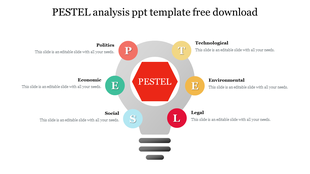 PESTEL analysis template featuring six factors: politics, economic, social, technological, environmental, and legal.