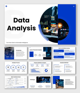 Data analysis slides, blue theme, charts, dashboards, icons, shapes, structured text boxes.