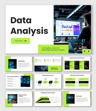 Data Analysis Presentation PPT with green infographic layouts, dashboard visuals, and modern business slides.