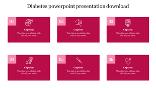 Diabetes presentation slide with six red cards, each labeled with captions and icons.