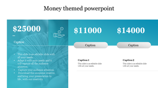 Money themed slide featuring three financial figures on a blue gradient overlay, with a background image of dollars.