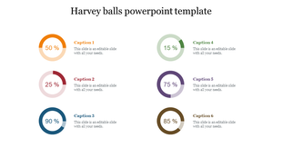 Harvey balls slide with six circular pie charts in various colors, displaying percentages and captions beside each.