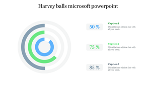 PowerPoint slide with Harvey balls representing percentages in colored rings with captions on a white backdrop.