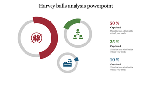 Harvey balls analysis with three segments representing different percentages from 50% to 10% each with caption areas.