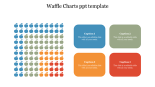 Waffle chart with apple icons in blue, green, orange, and red, paired with four labeled captions areas on the right.