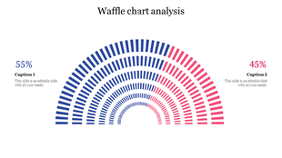 Semi circular waffle chart with blue and pink segments, illustrating percentage differences in two categories.