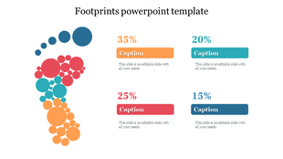 Footprint shape formed with colored circles in blue, red, teal, and orange, with four percentage blocks and captions.