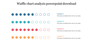 Waffle chart analysis slide with multicolored circular data markers with caption sections.