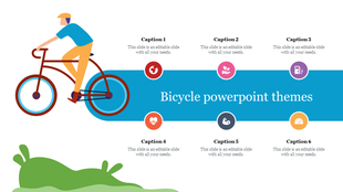 Slide including color coded icons related to health, sustainability, and energy, with a cyclist illustration with captions.
