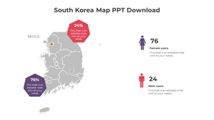 South Korea map with Seoul highlighted, showing 24% in red and 76% in purple markers, with gender-based user stats.