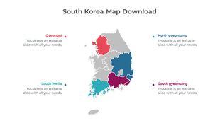 Map of South Korea with regions highlighted from Gyeonggi to South Gyeongsang, with captions.