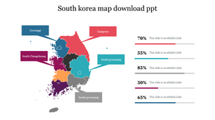 Colorful map of South Korea with five labeled regions and corresponding percentage bars on the right.