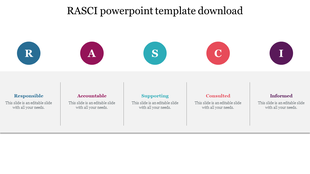 RASCI PowerPoint template displaying five categories with corresponding colors for each role and placeholder text.