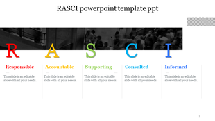 RASCI chart with large colored initials and five columns labeled Responsible, Accountable, Supporting, Consulted, Informed.