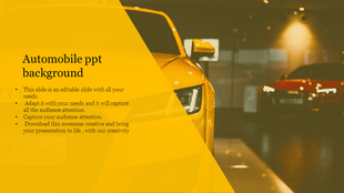 Automobile themed slide featuring a yellow luxury car in a showroom setting with a transparent text overlay.