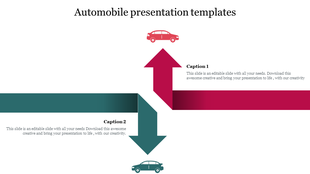 Slide with a red upward and teal downward arrow, each featuring text and car icons at the top and bottom.