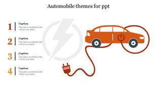 llustration of automobile themes showing an electric car connected to a plug, with four numbered captions on the left.