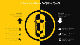 Automobile-themed slide with a car icon divided between yellow and black backgrounds, arrows, and icons.