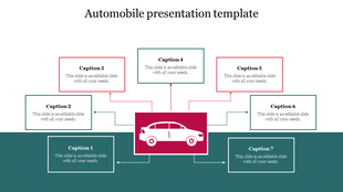 Automobile themed layout showing a car in the middle and caption boxes positioned around it with connecting lines.