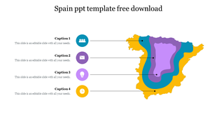 Map of Spain with layered colored regions in yellow, blue, purple, and pink, connected to four labeled captions on the left.
