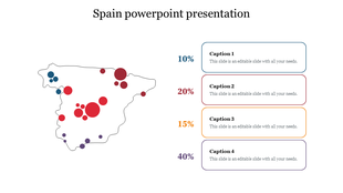 Map of Spain outlined with multicolored circles indicating data points and four labeled caption boxes.