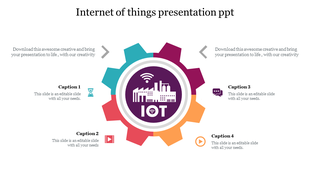 Slide showcasing IoT concept with a central icon representing industry and technology, surrounded by four text captions.