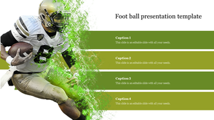 Football slide with a running player on the left, dissolving into green effects, and four horizontal text boxes on the right.