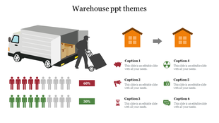 Warehouse management slide theme with icons for inbound and outbound logistics and captions.