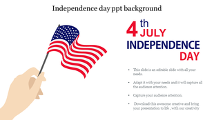 4th of July Independence day PowerPoint background with hand holding American flag and text.