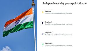 Independence day PowerPoint slide with Indian flag waving and four caption areas for text.