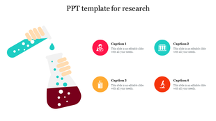 PPT template for research featuring two laboratory flasks and various scientific icons with captions on a white backdrop.