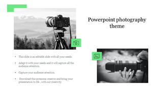 Photography themed slide with black and white images of a DSLR camera on a tripod and hands holding a telephoto lens.