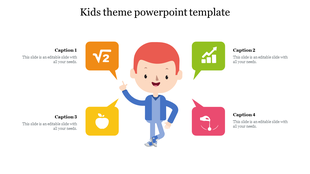 Kids themed slide with a smiling cartoon boy and four speech bubbles featuring icons for math, science, health, and learning.
