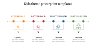 Kids theme slide with four age groups in orange, red, blue, and green dots, each linked to icons and captions below.