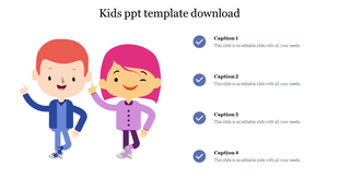 Colorful Kids PowerPoint template download with cartoon children's illustrations and content with captions.