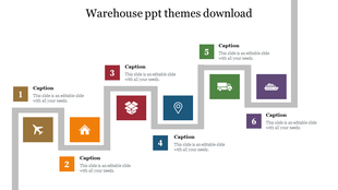 Warehouse themed slide with six colorful square icons along a zigzag path, showing logistics symbols like truck and ship.
