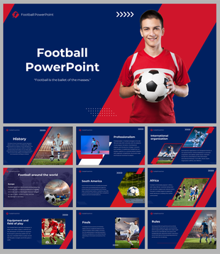 Football themed slide deck with blue and red design, covering history, professionalism, global influence, and rules.