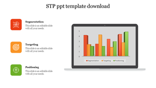 STP slide with colored icons for segmentation, targeting, and positioning beside a 3D bar chart on a laptop screen.