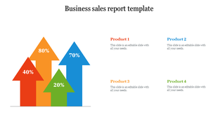 Sales report slide with four upward arrows in red, orange, green, and blue showing percentages and matching product labels.