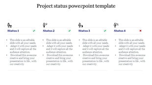 Project status template with four labeled sections, each showing icons, status headers, and validation symbols in a grid.