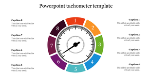 PowerPoint slide with a tachometer graphic showing numbers 1 through 8 in different colors, with placeholders for captions.
