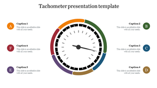 Tachometer gauge in the center with six colored segments, each linked to circular alphabet icons and captions on both sides.
