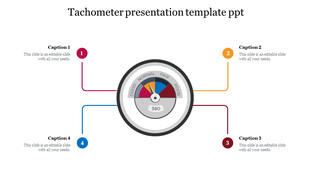 Slide featuring a tachometer dial with four performance levels and linked captions in red, yellow, maroon, and blue.