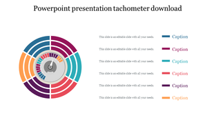Circular tachometer design with a central gauge and surrounding colored segments, each linked to captions on the right.