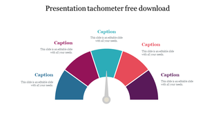 A tachometer graphic for PowerPoint, featuring different colored sections and text placeholders.