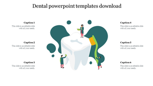 Dental PowerPoint slide featuring an illustration of a tooth and professionals with tools and six captions.