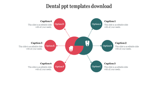 Network style diagram featuring red and green nodes radiating from a central tooth icon, linked by dotted lines.